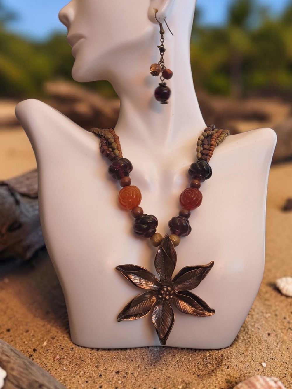 Cookie Lee Brown & Amber Floral Pendant Necklace & Earrings